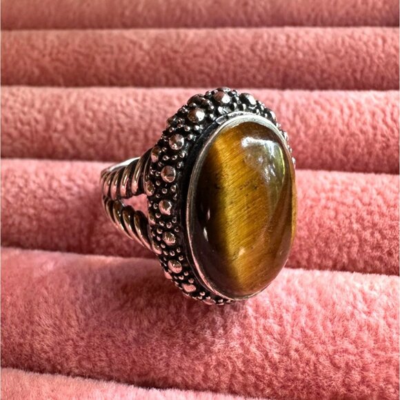 Tigers Eye Sterling Silver Oval Ring With Ornate Band & Beaded Detailing Size 6 - Picture 15 of 16